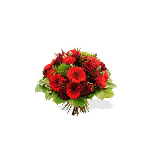 Funeral bouquet of mixed flowers in red colour (without vase)