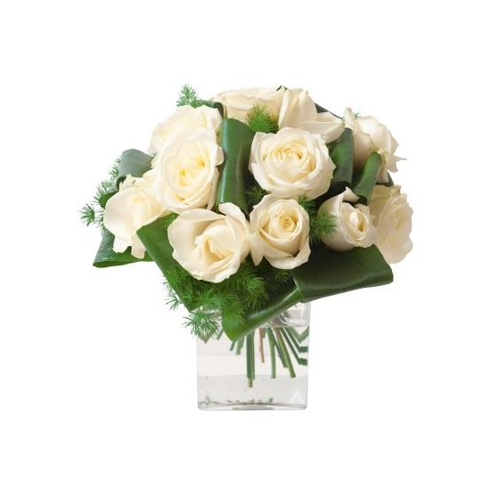 Round funeral bouquet of white roses (without vase)