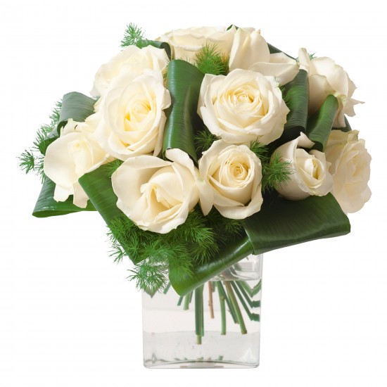 Round funeral bouquet of white roses (without vase)