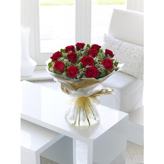 12 Red Long Stem Roses Hand-tied