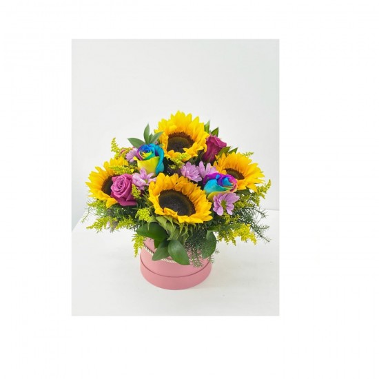 Box of roses with rainbow and sunflower