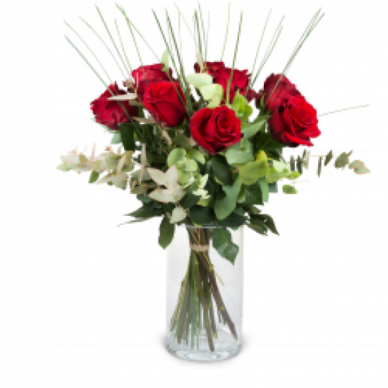9 Red Roses with greenery