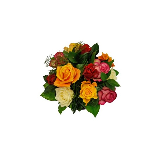 Round bouquet of 12 mixed coloured Roses (at least 4 different colours) with some green filler
