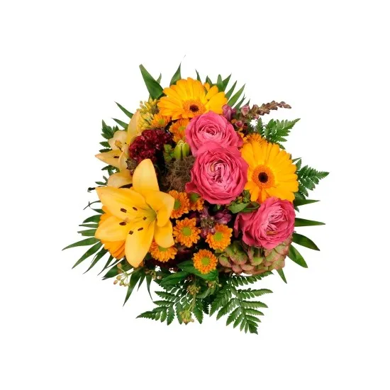 Round seasonal mixed bouquet in pink/orange with roses, lilies, gerbera, etc..