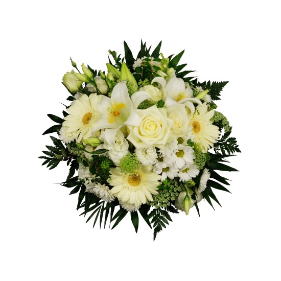 Round/mixed MCF for wedding - all in WHITE: roses, lilies, gerberas + other white flowers only
