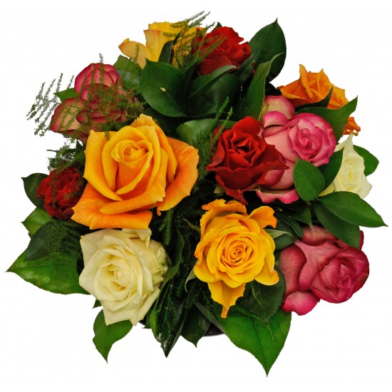 Round bouquet of mixed coloured Roses (at least 4 different colours) with some green filler