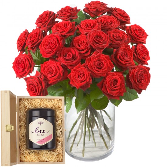 24 Red Roses with Swiss blossom honey