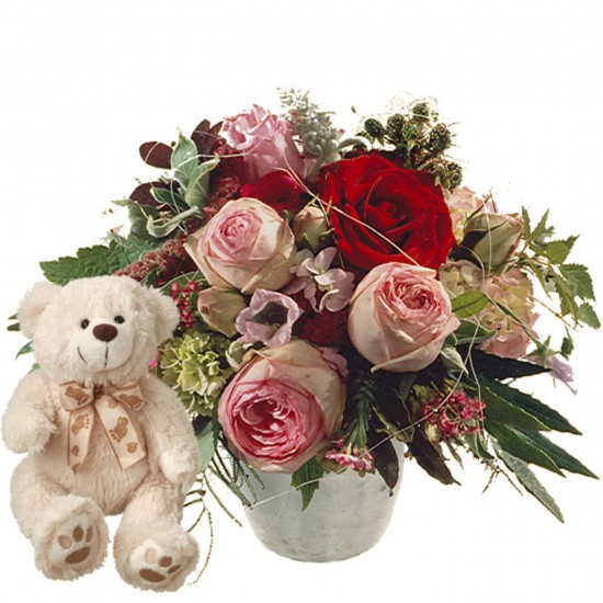 Poetry with Roses and teddy bear (white)