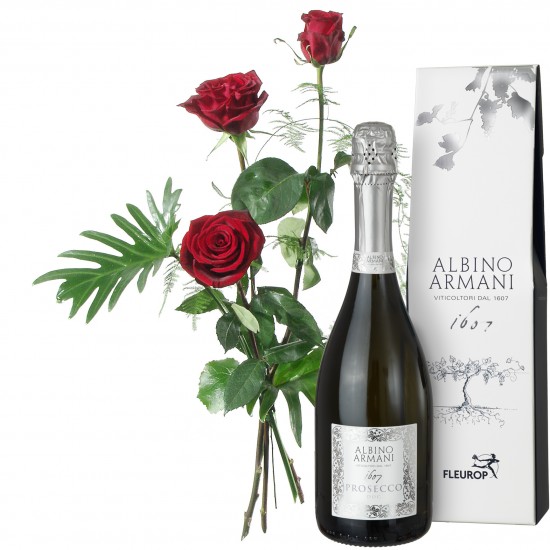 3 Red Roses with Green with Prosecco Albino Armani DOC (75cl)