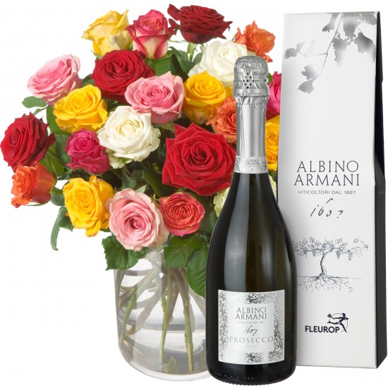 Colorful Bouquet of Roses (24 Roses) with Prosecco Albino Armani DOC (75cl)
