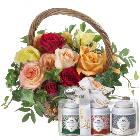 Basket Full of Roses with Gottlieber tea gift set