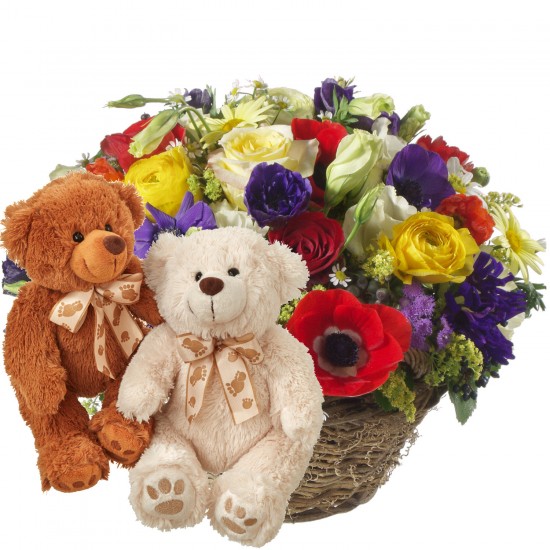 Colorful Surprise with two teddy bears (white & brown)