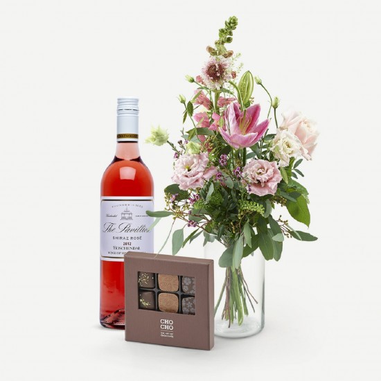 Rosé, chocolate and beautiful flowers