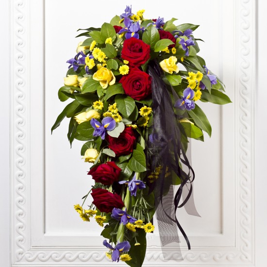 Funeral Bouquet with Colorful flowers and Ribbon