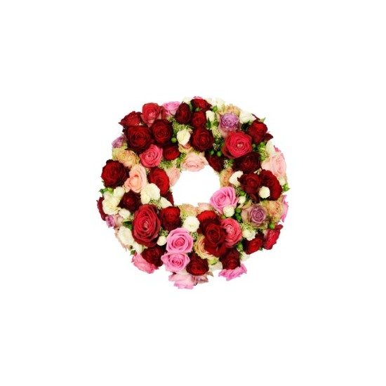 Little wreath (only white/red/pink roses) surrounding the urn