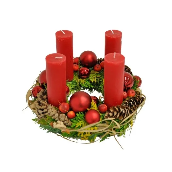 Advent wreath with 4 red candles + all red Xmas deco, pine cones + branches