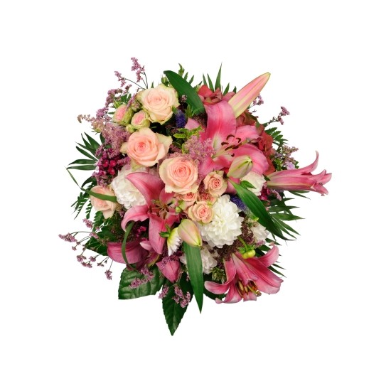 Round MCF with pink lilies + pastel pink roses with other pink/white flowers, romantic