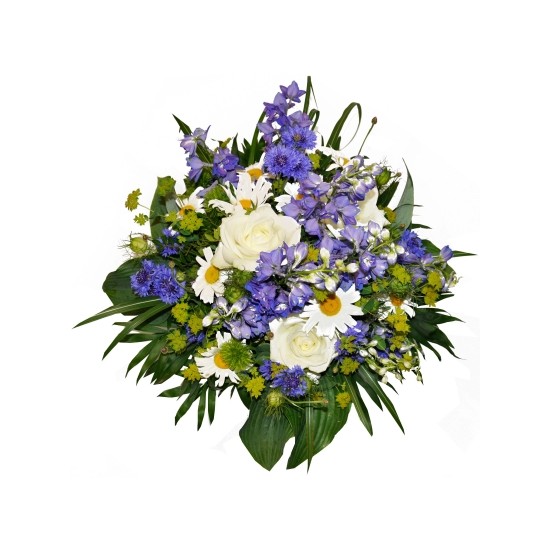 Mixed bouquet in violet, white and green shades with green filler