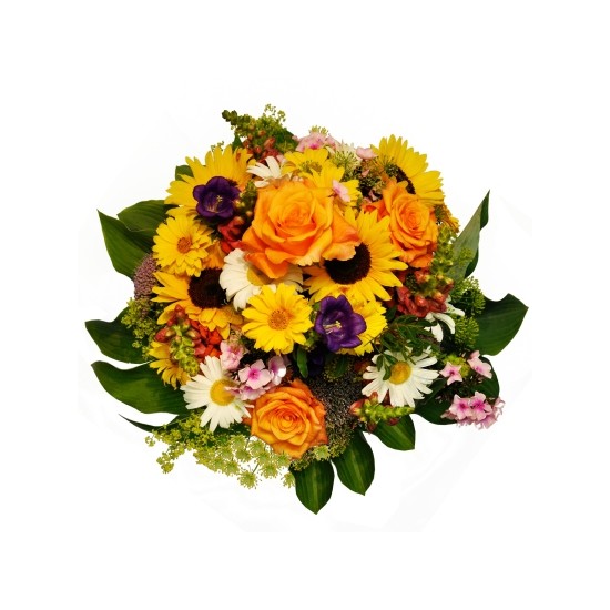 Mixed bouquet in various summer colours including sunflowers with green filler