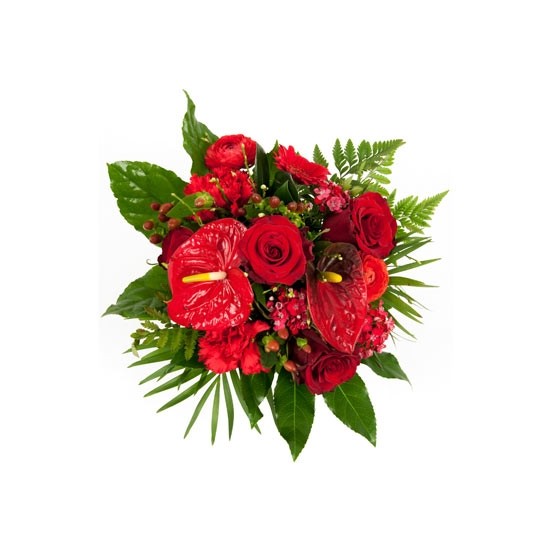 Round bouquet of only strong RED seasonal flowers (roses, anthurium, gerberas, carnations.. etc).