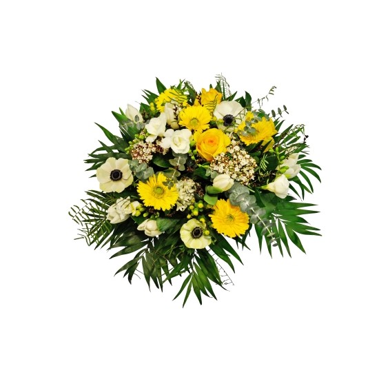 Mixed round Spring bouquet in deep yellow and white seas flowers, green