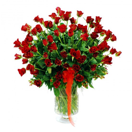 100 czerwonych róż w wazonie
