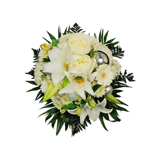 Round MCF only white flowers + white/silver Xmas balls / accessories