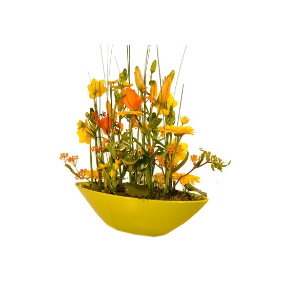 Mixed Seasonal ACF in yellow/orange shades (lilies/gerberas) and filler – in green bowl with Oasis