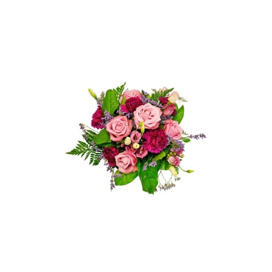 Round/hand tied mixed bouquet (roses/carnations) Pink/Purple colors only with matching filler