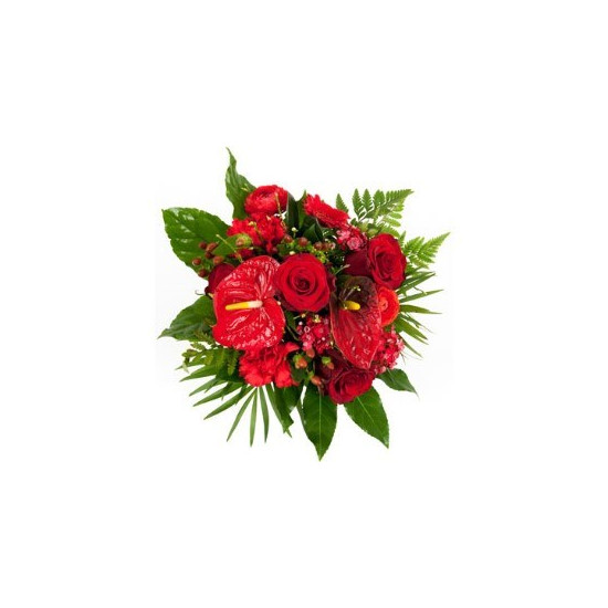 Round bouquet of only strong RED seasonal flowers (roses, anthurium, gerberas, carnations.. etc).