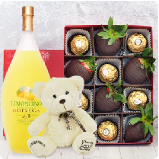 Dark And Gold W Gorzkiej Czekoladzie Z Ferrero Rocher + Likier Bottega Limoncino I Miś Pluszowy