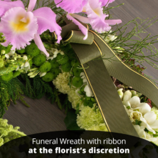 funeral wreath with ribbon
