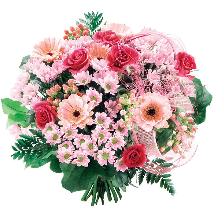 Variety of bouquets with mini pink gerberas, red roses, hipericums, Flowers only you