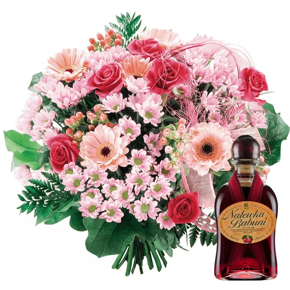bouquet for Grandmother's Day, pink bouquet, mini gerbera, pink rose, grandma's liqueur