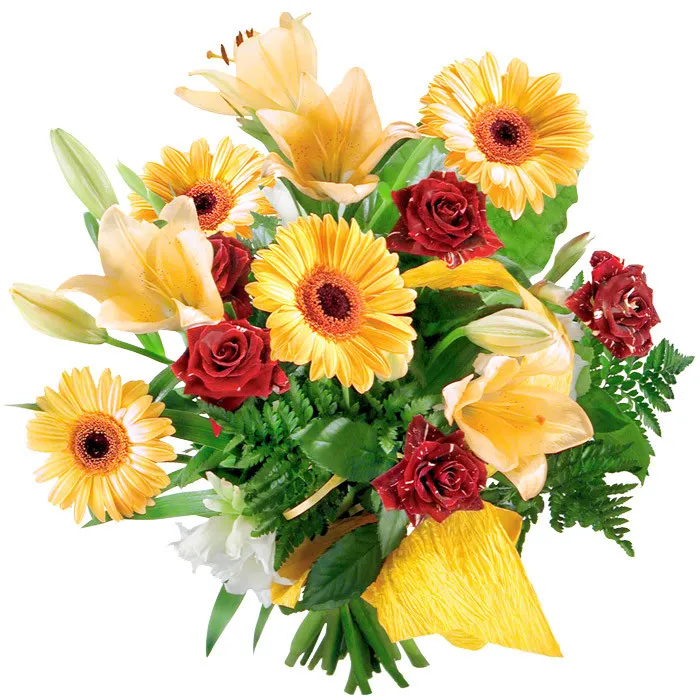 Bukiet żółtych lilii, żółtych gerber, czerwonych róż ze wstążką, bukiet słoneczny, Bukiet promienny