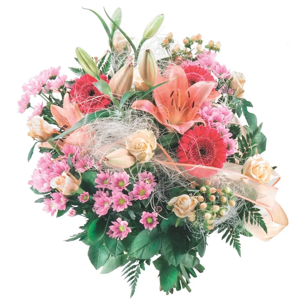 Kwiaty Miłego Dnia, kompozycja białych lilii, różowych róż, paproci, białych hiperikum ze wstążką, kwiaty na dzień dobry 