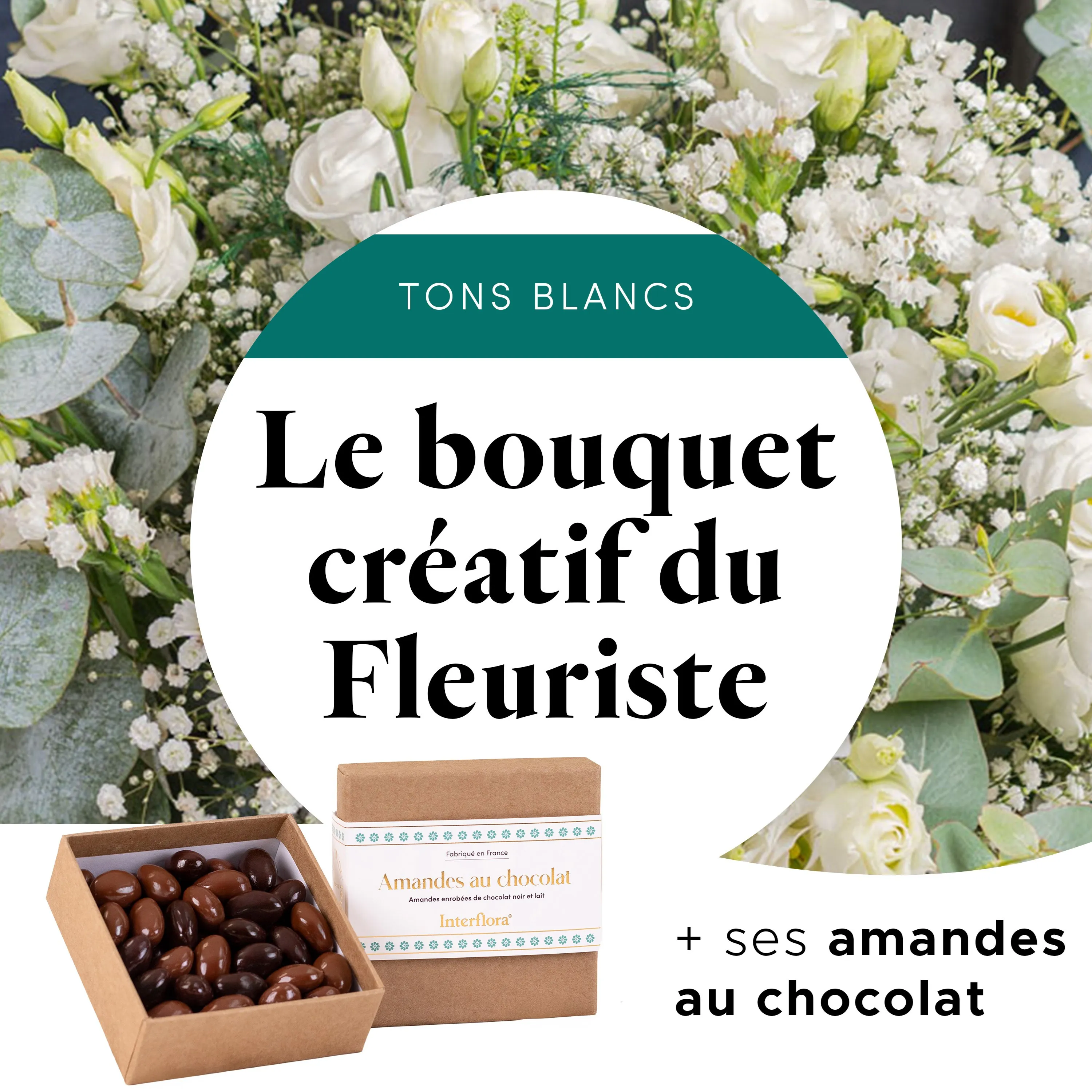 Bouquet blanc du fleuriste et ses amandes au chocolat - France