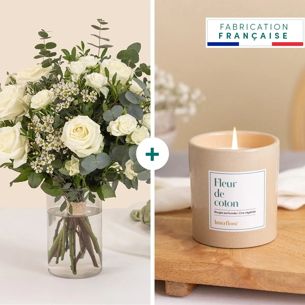 White and green bouquet and candle - Vert coton - France