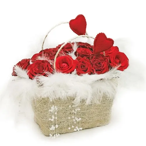 The composition Loveful basket, the composition of red roses, white feathers, red hearts in the basket