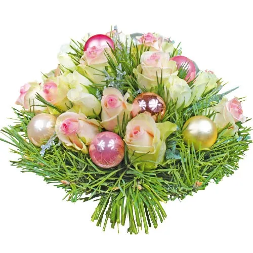Composition of white roses with green sprig and pines, ornamental baubles, pink composition 