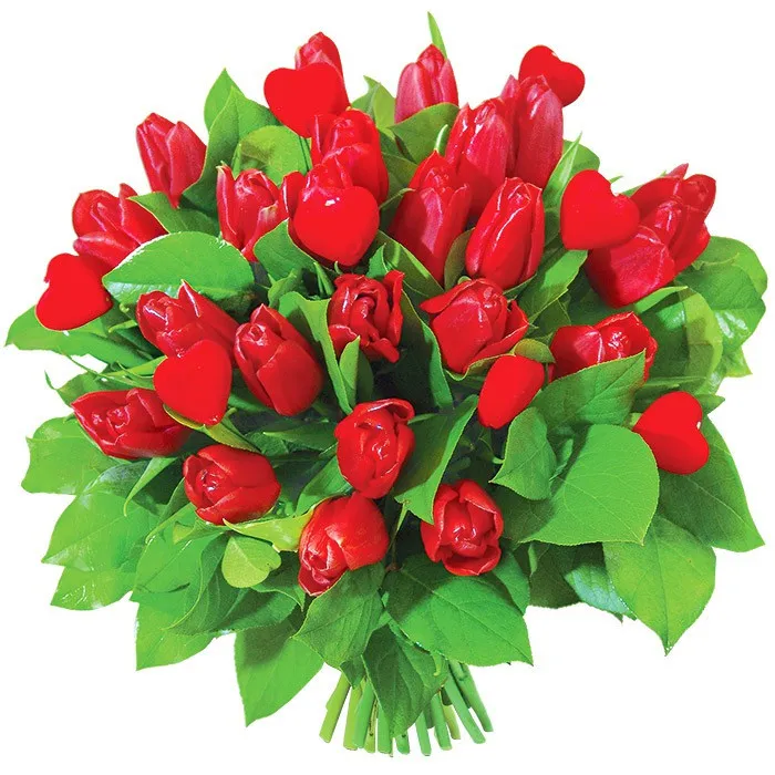 Red tulips, red hearts on a bouquet stick, Bouquet Lovers tulips