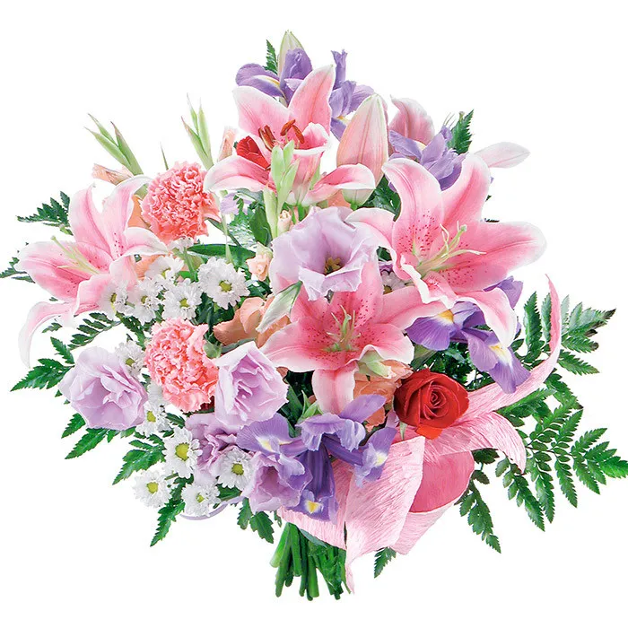Name day bouquet, bouquet of white lilies, white carnations, red roses, purple irises with delivery.