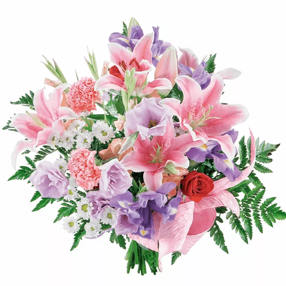 Name day bouquet, bouquet of white lilies, white carnations, red roses, purple irises with delivery.