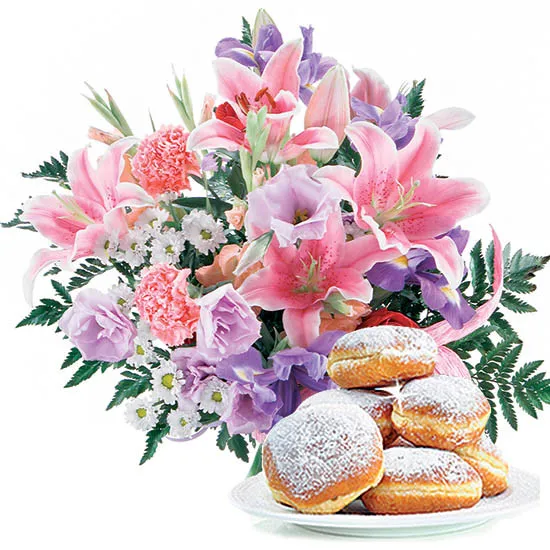 Bouquet with donuts, flowers with donut, pastel-coloured bouquet 