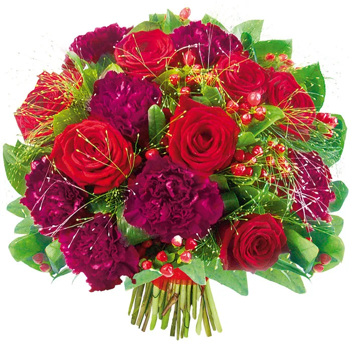 Autumn bouquet of purple carnations and red roses with ribbon, Autumn flowers