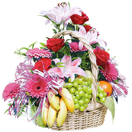 Composition of white lilies, pink gerberas, red roses, different fruits in the basket, Flower composition with fruits
