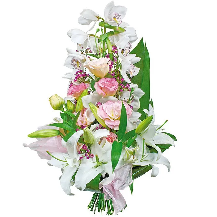 bukiet dyplomata, bukiet z orchidei eustomi i lilii, zieleń dekoracyjna