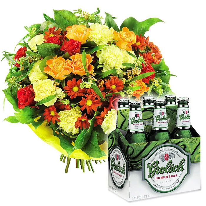 Bukiet z piwem, bukiet kwiatów mieszanych, kolorowe róże i margaretki z zielenią