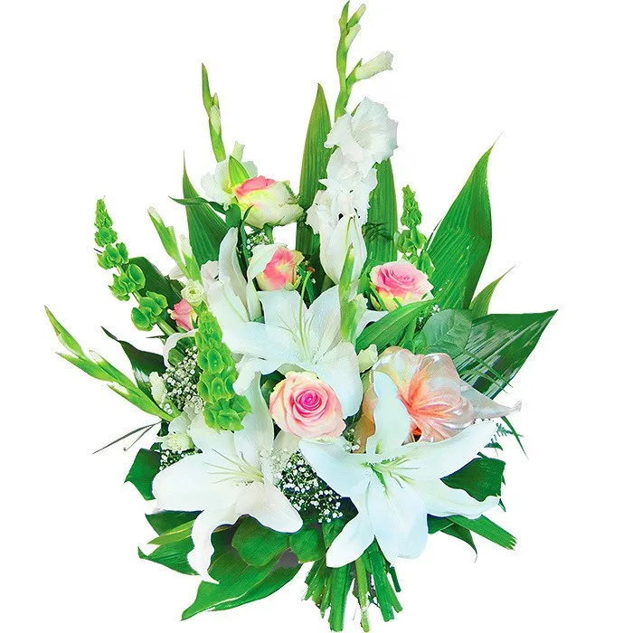 Kwiaty z okazji ślubu, biała lilia,biała gladiola, biała róża, moluccella przewiązane wstążką, kwiaty na ślub
