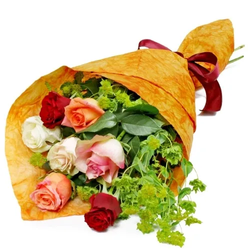 Flowers gloving smile, 7 coloured roses, griffithi, flowers with red ribbon paper